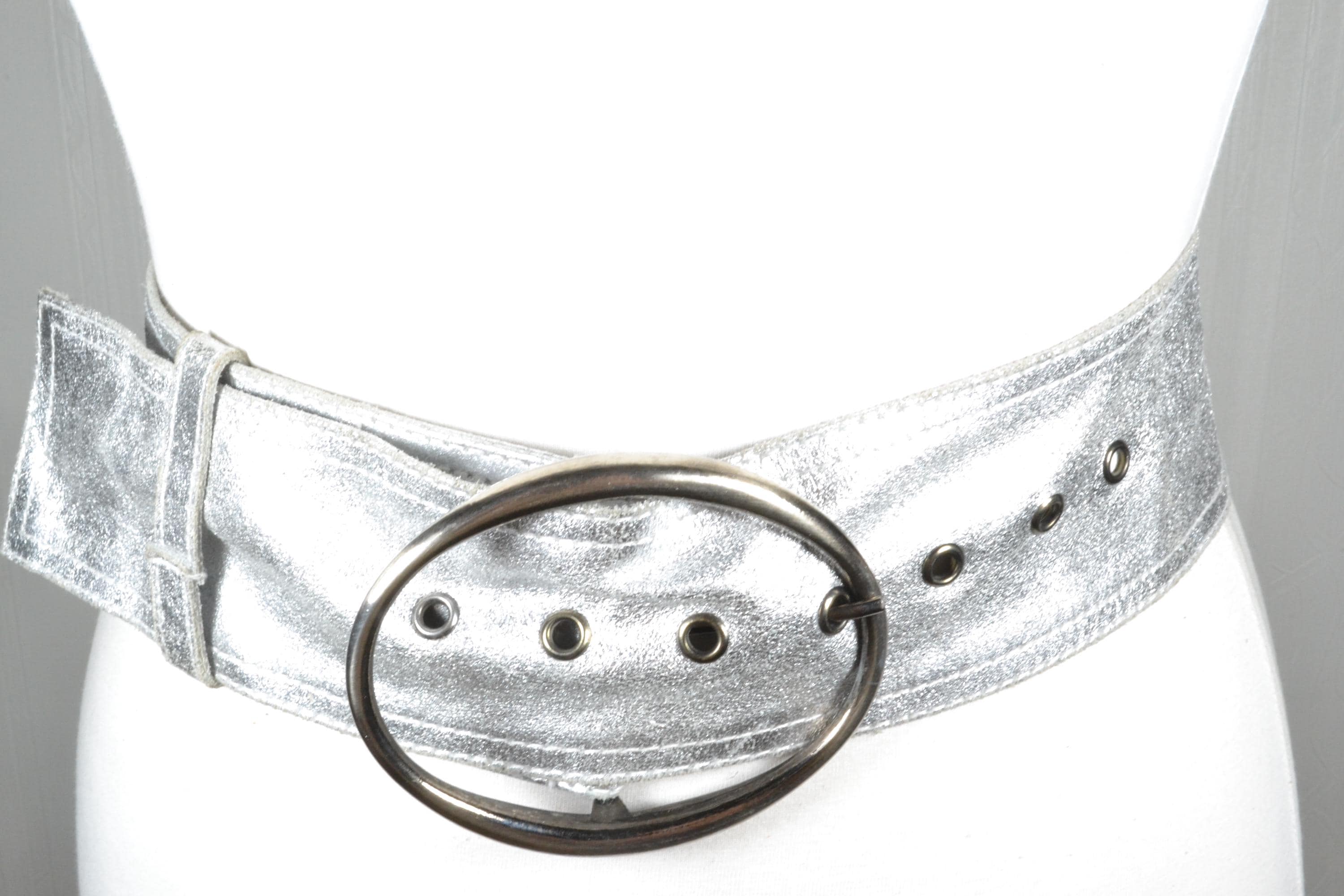 Vintage 80s Metallic Silver Wide Waist Belt, Glam Rock 