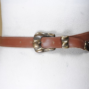 Brown Tan Stitched Leather Belt for Women, Boho Bohemian Waist Belt with Bronze Buckle, Adjustable Western Inspired Belt