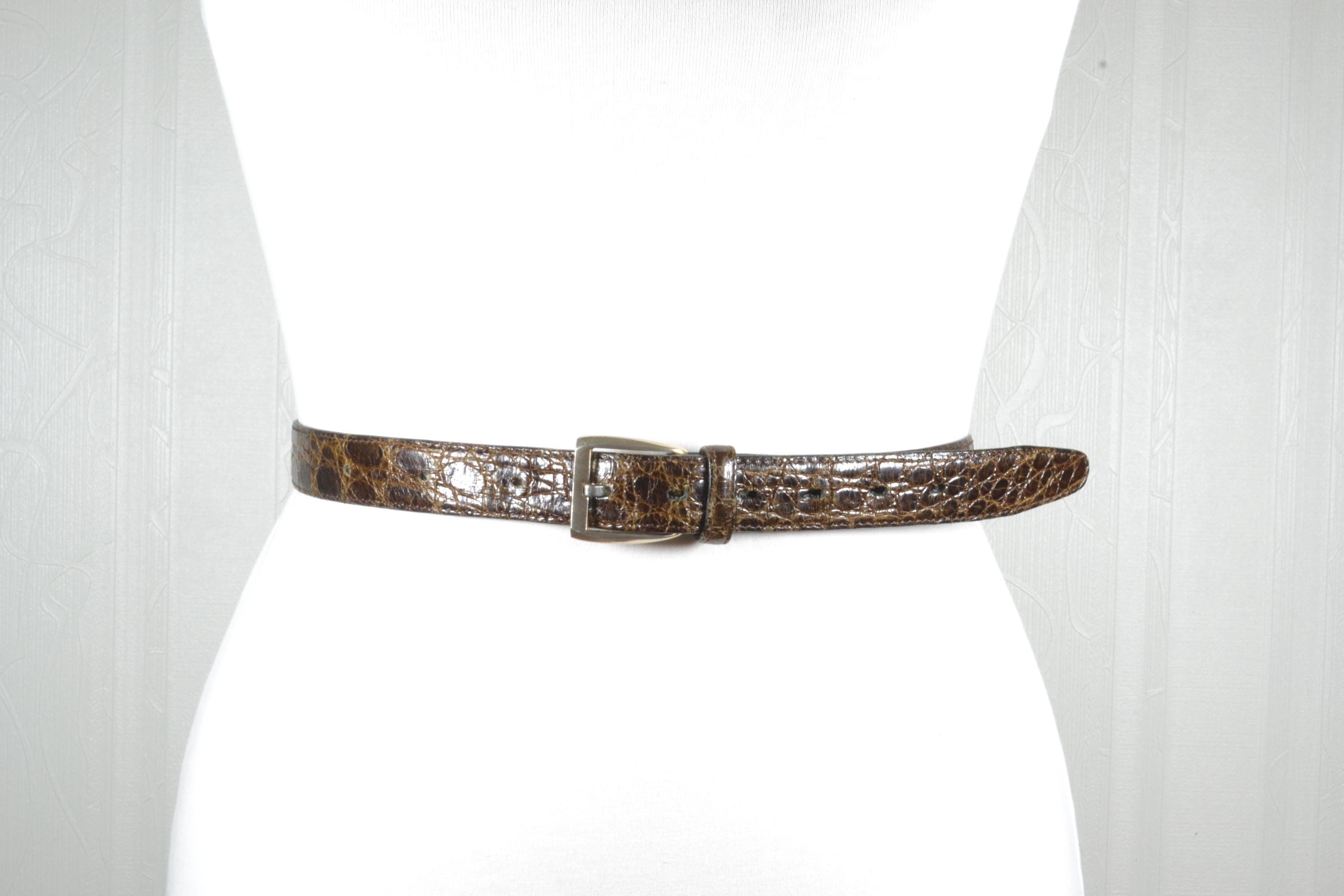 Wide Leather Belt Vintage Brown Croc Embossed Oversized Square Buckle Size S/M Men main image 3