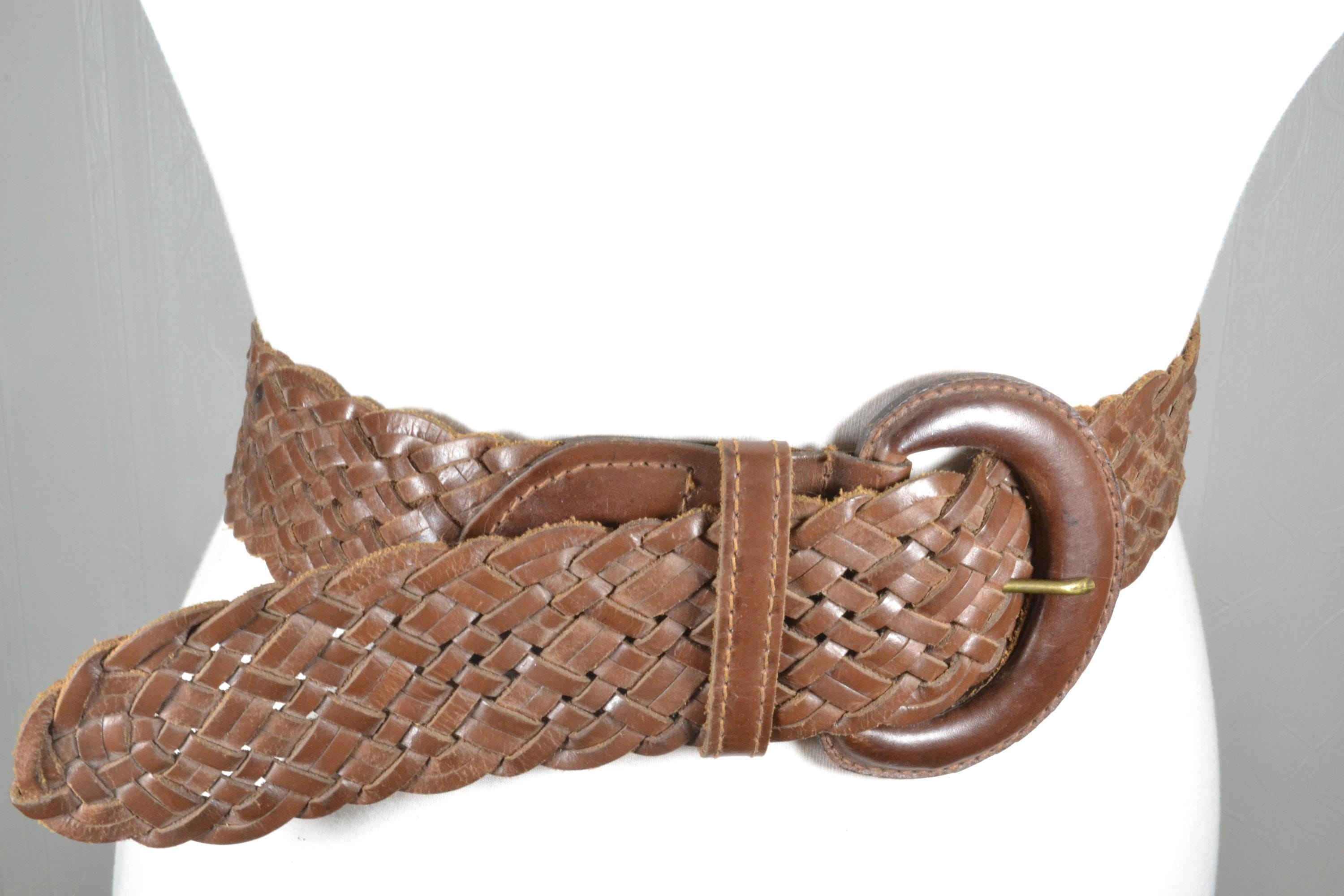 Woven Leather Cinch Belt, Round Buckle, Wide Braided Boho 