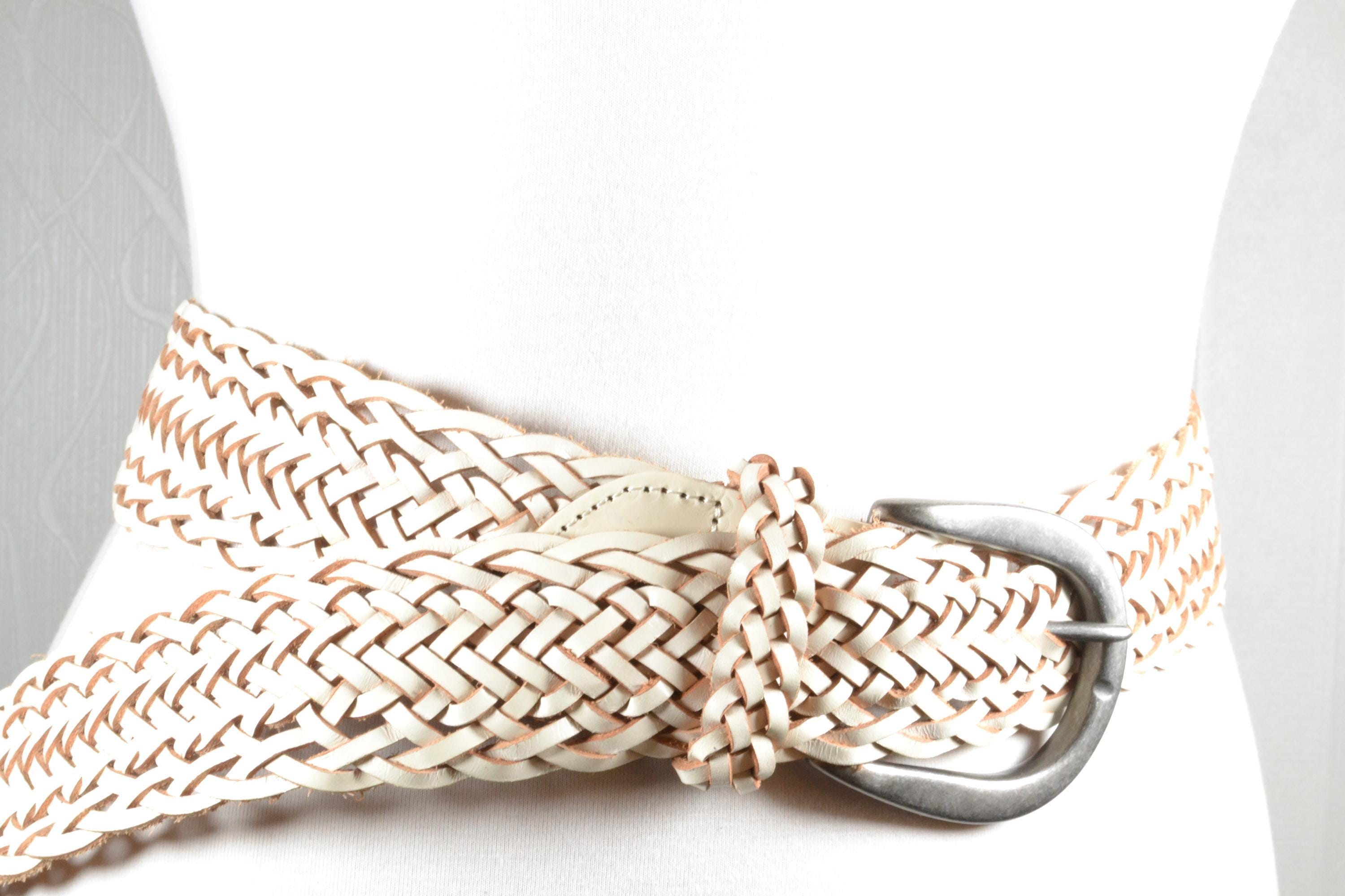 Wide White Braided Leather Belt: Boho Chic Woven Waist Belt  display picture 1