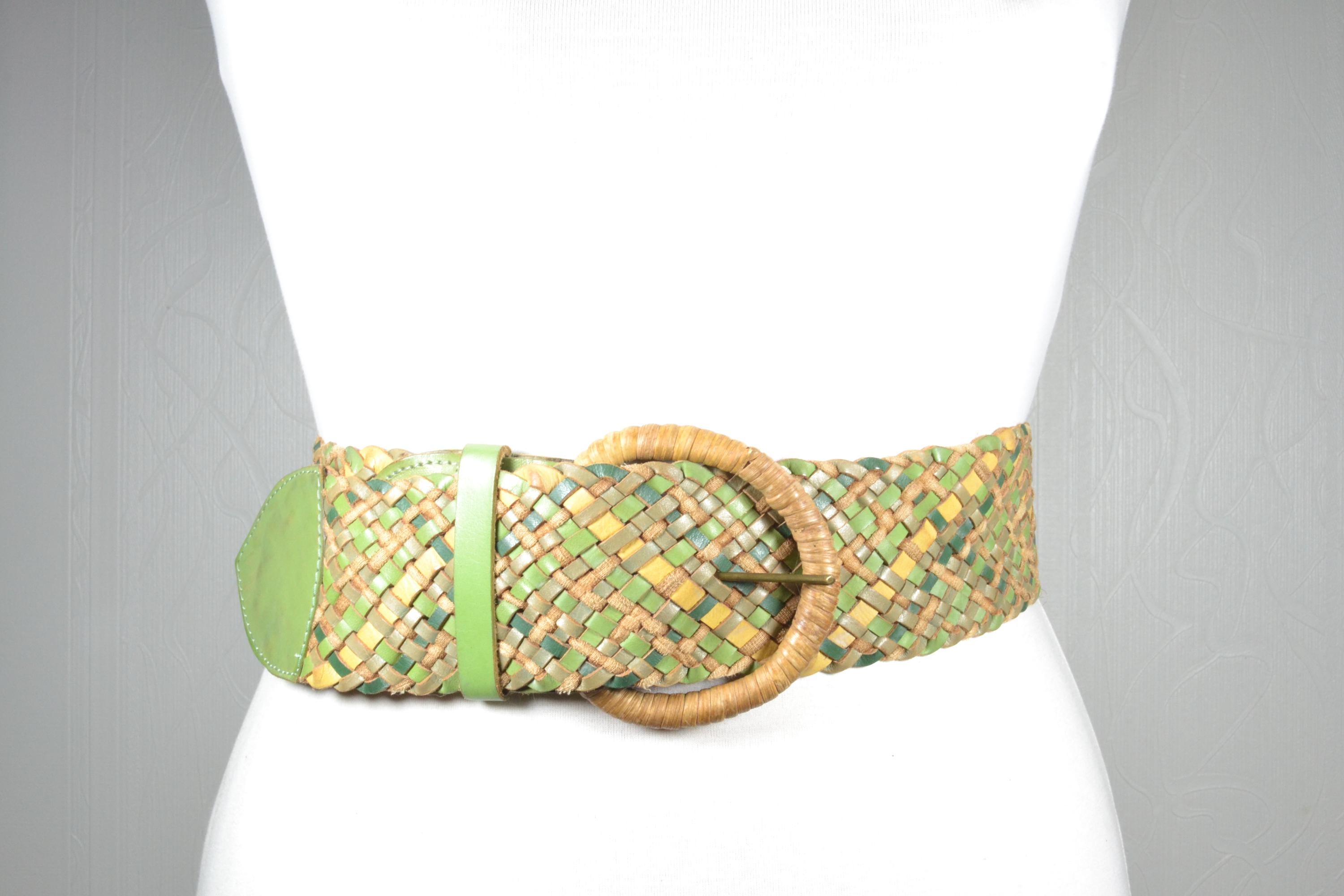 Vintage Green Braided Leather Belt, Multicolored Sustainable 