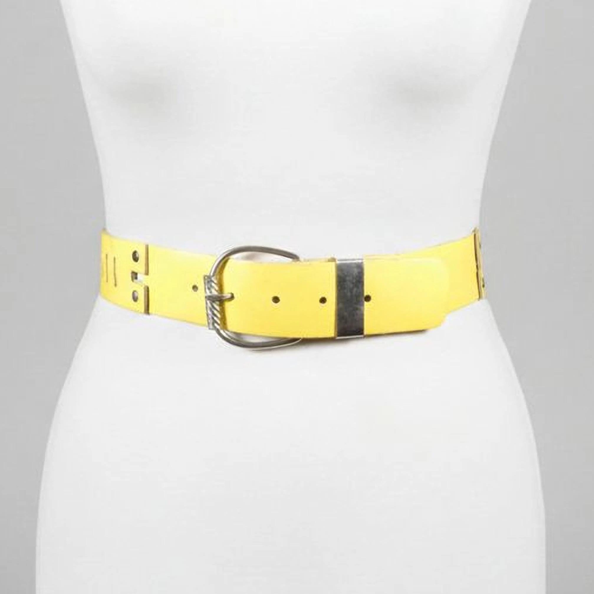 Vintage Yellow Leather Wide Belt Covered Round Buckle Minimalist Women 35 S Vintage Yellow Leather Belt - Cool Studded Buckle/Loop  main image 2