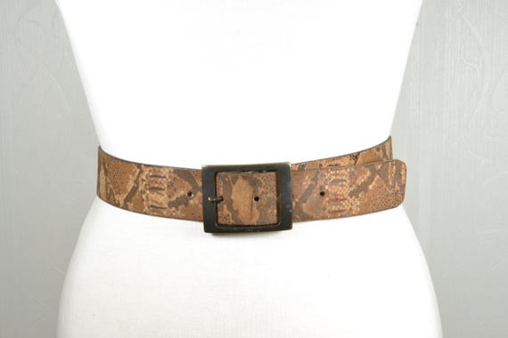 Vintage Tan Brown Python Pattern Leather Belt wit… - image 1