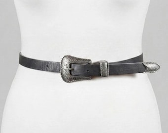 Vintage Black Leather Belt: Ornate Silver Buckle, Western Cowgirl Style