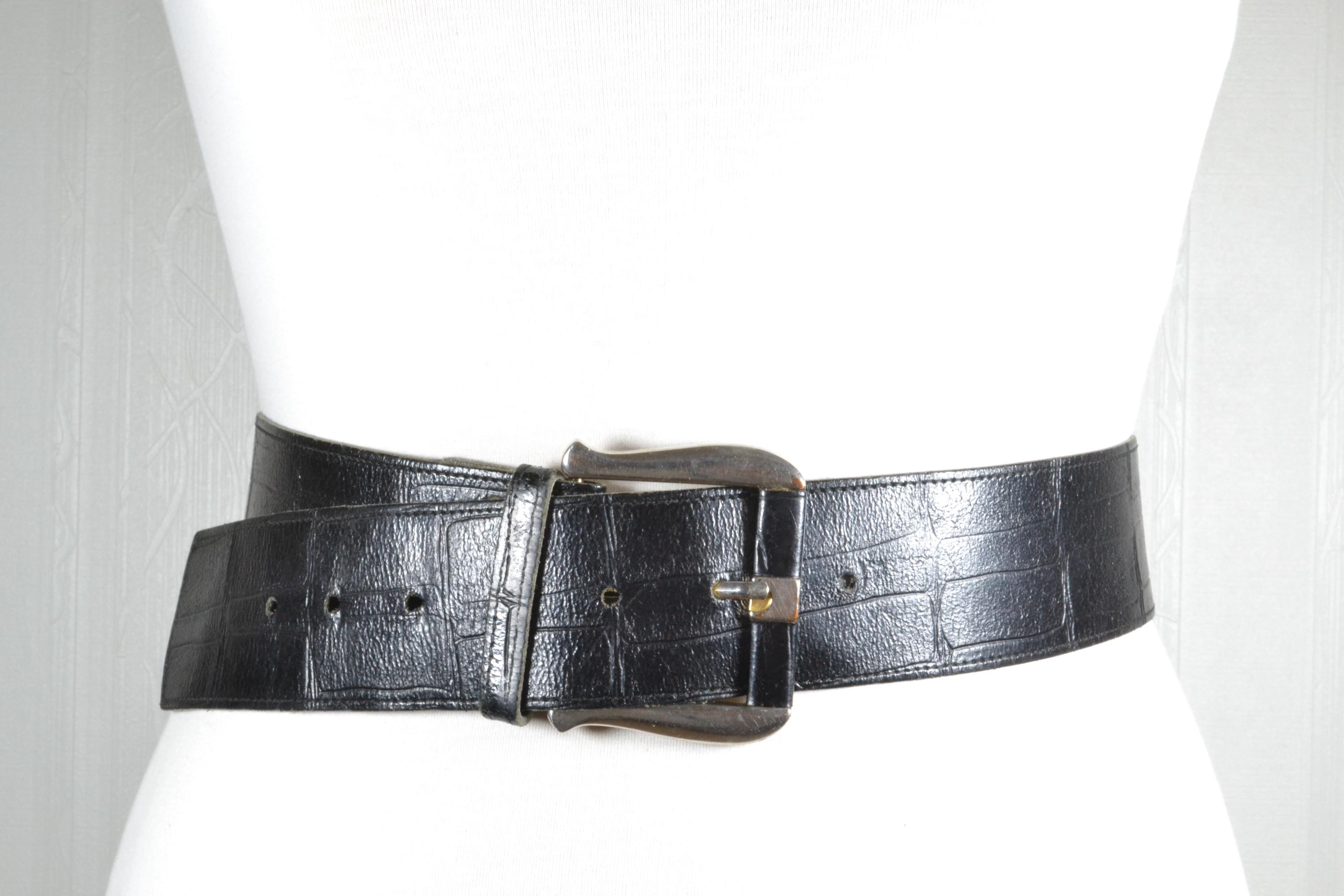 Vintage Wide Black Leather Belt: Crocodile Embossed Waist  display picture 3