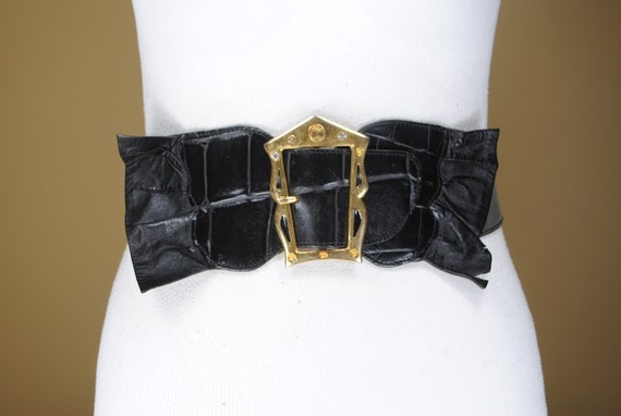 80s Black Leather Bow Belt - Gold Buckle, Fits 29-35 Inch  display picture 2