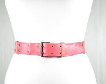 Vintage Pink Leather Statement Belt: Wide Studded Design