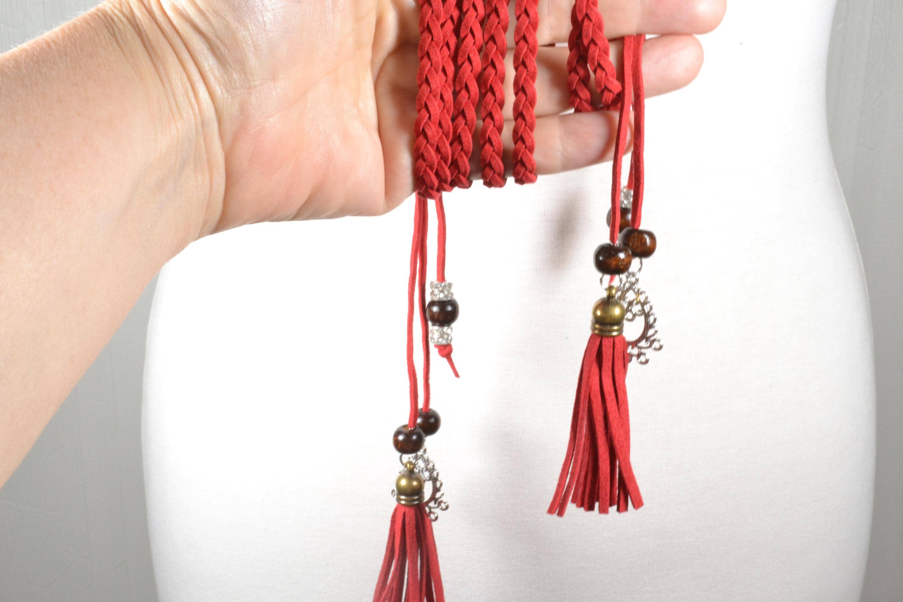 Boho Red Braided Tassel Belt, Suede Cord, Beads & Charms - Etsy display picture 3