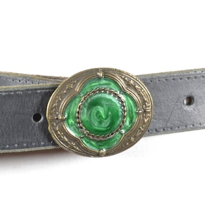 Vintage Black Leather Belt with Green Glass Medallion Buckle, Retro Western Style Accessory