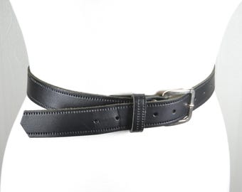 Vintage Black Leather Belt With Silver Buckle (47''/119 Cm