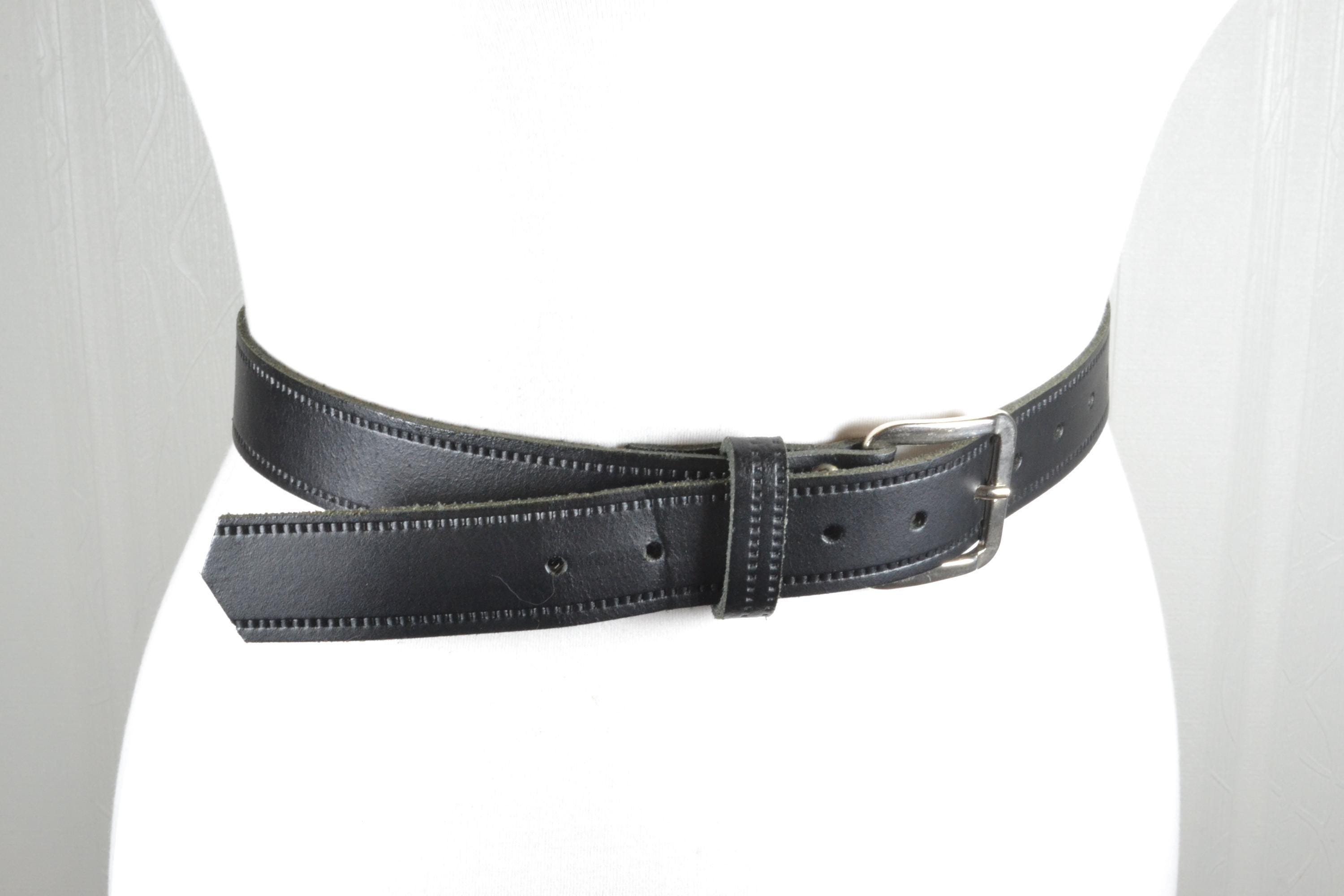 Vintage Black Leather Belt With Silver Buckle (47''/119 Cm