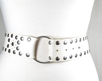 Vintage White Leather Belt: Silver Studs, Ring Buckle, Wide Waist