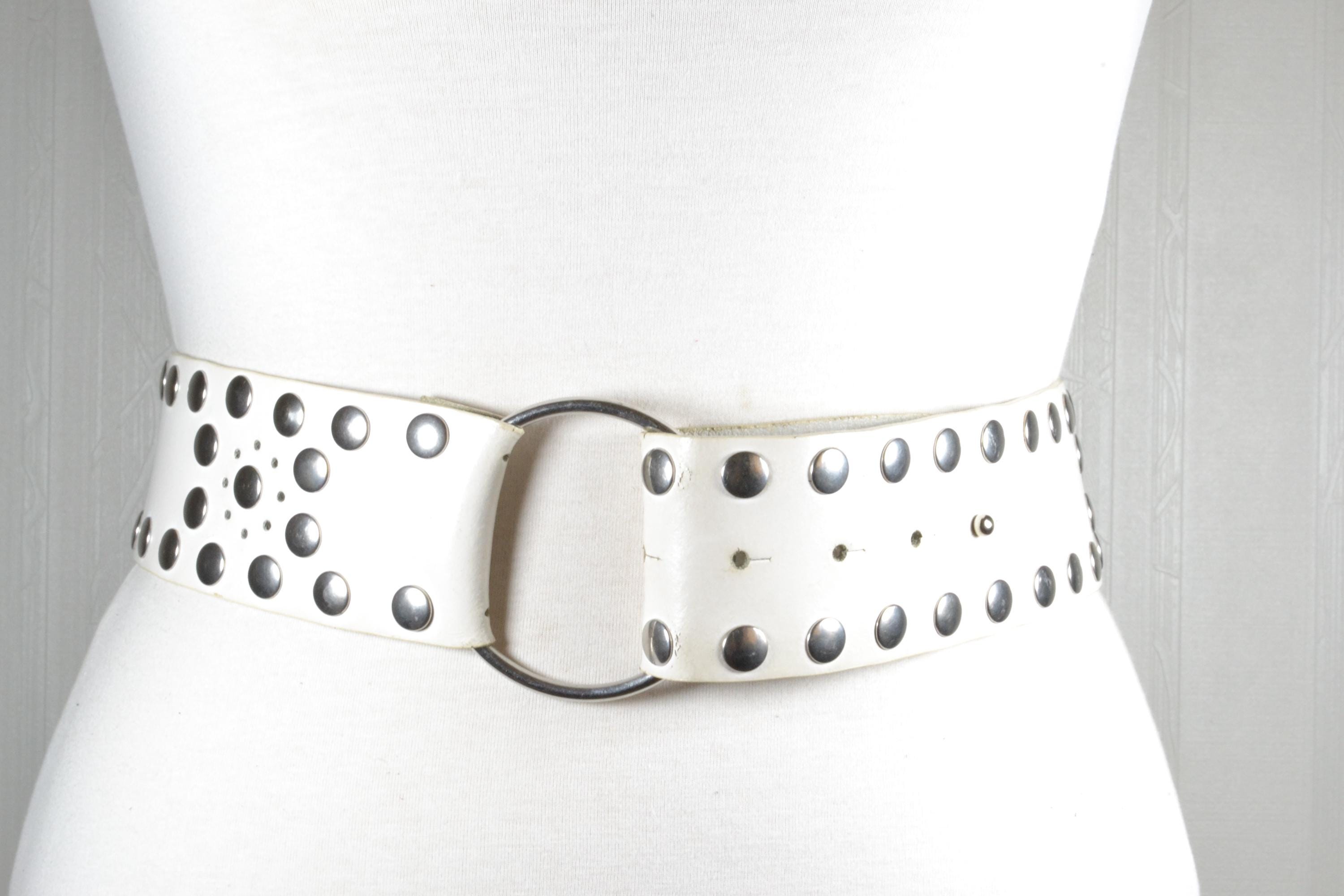 Vintage White Leather Belt: Silver Studs, Ring Buckle, Wide Waist