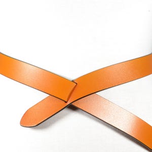 V-Shaped Orange Obi Wrap Belt, Skinny Leather Waist Cincher with Overlapping Design, Minimalist Tie Belt for Dresses, Coats & Tunics