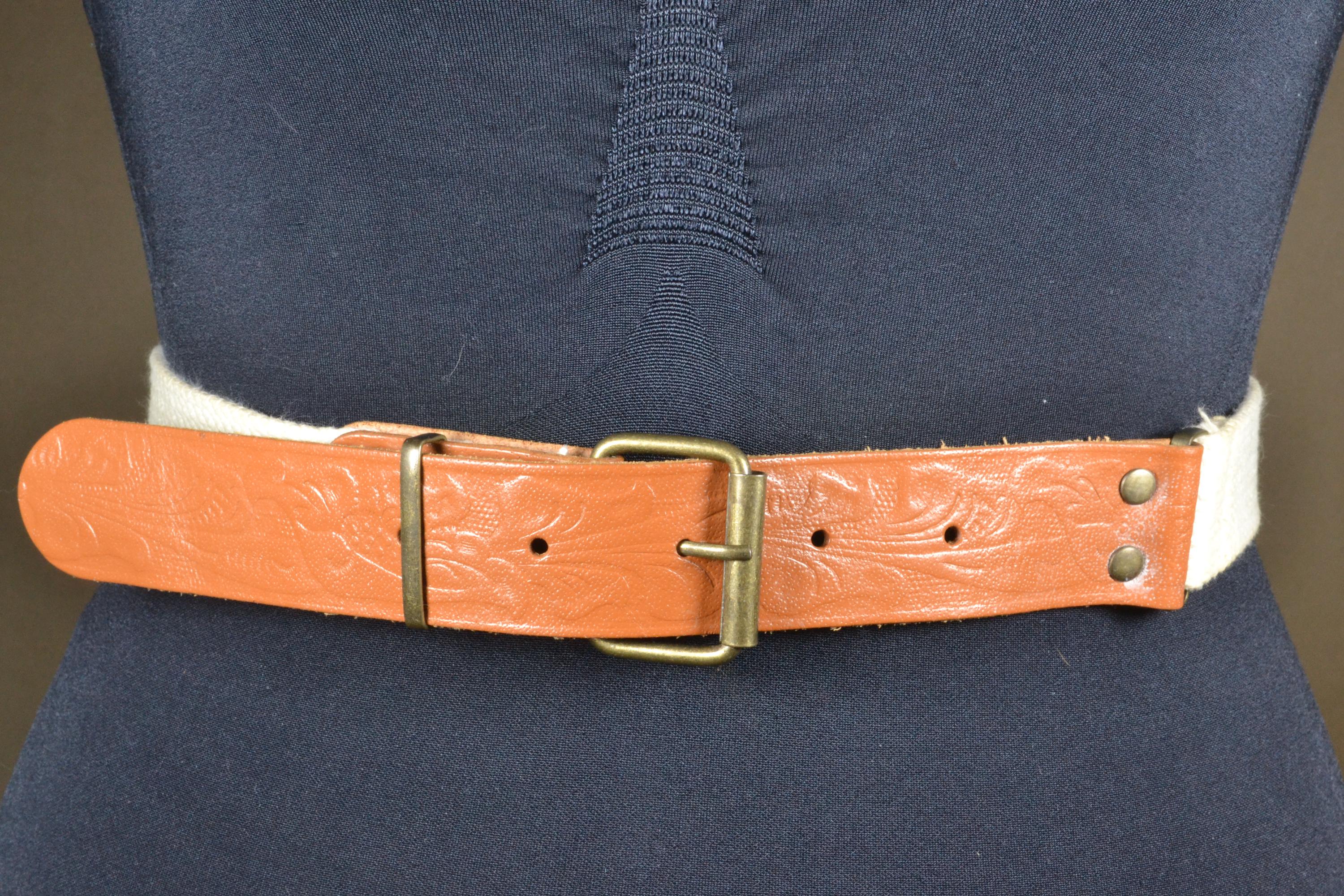 Vintage Tooled Leather Nature Scene Belt Tan Tree Sun Embossed Brass Buckle Awesome Hand Embossed & Painted Heavy Leather Belt Brass  main image 3