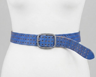 Vintage Patina Blue Perforated Leather Belt, Silver-Tone Buckle, Western Worn