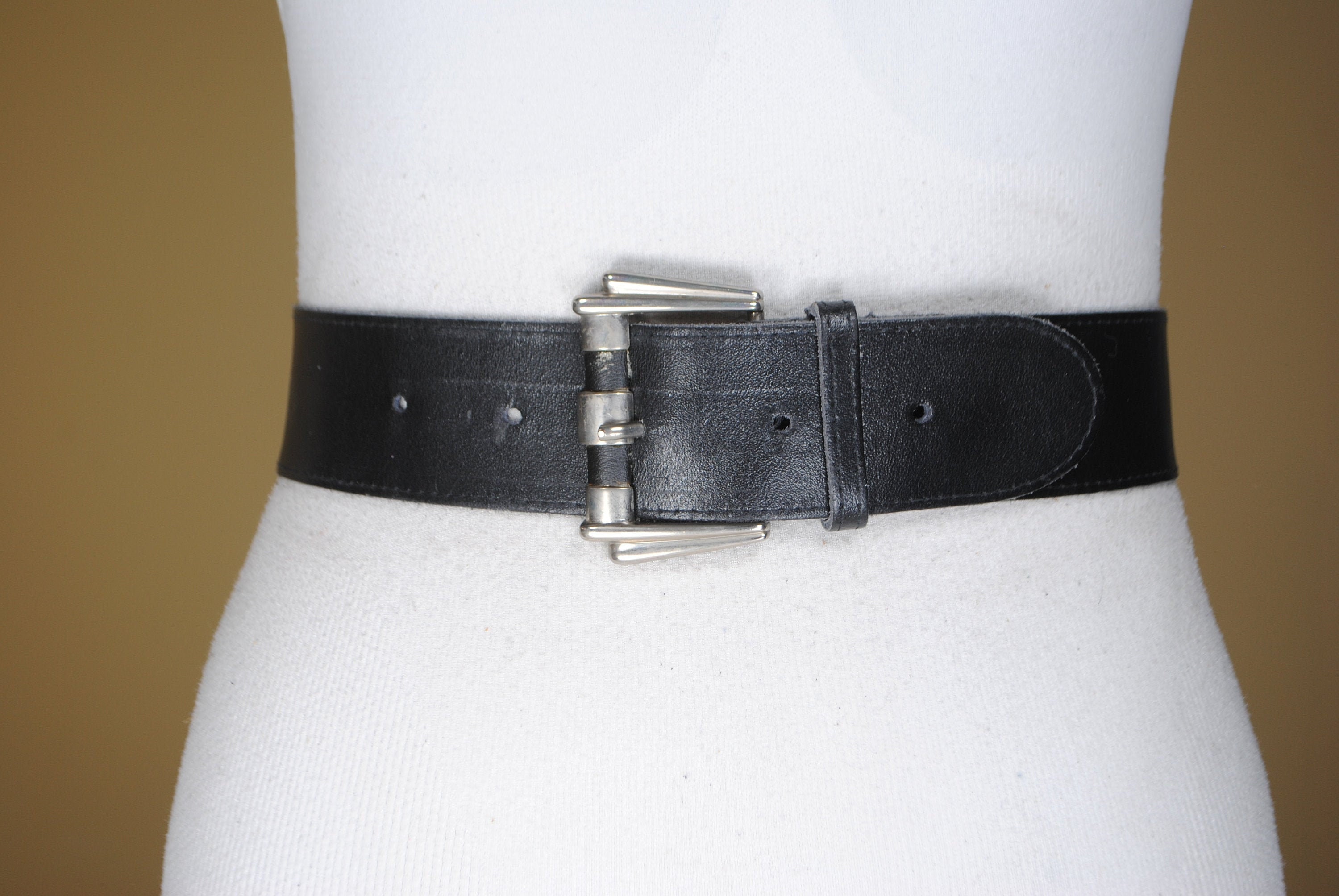 Vintage 80s Black Leather Belt: Wide Steel Buckle