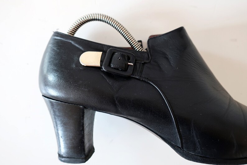 1970s black leather ankle heel boots for women with buckle size US 8 EU 38
