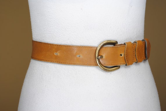 Vintage Belt Brown Genuine Calf Leather Brass Key Buckle Statement Waist 31\