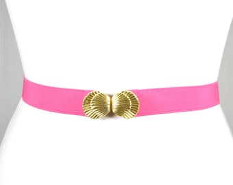 Vtg 80s Seashell Buckle Stretchy Elastic Cinch Belt Gold Tone Nautical Coastal VINTAGE 80s Gold Seashell Belt | Stretch Elastic Waist Belt  main image 3