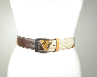 Vintage Exotic Pattern Leather Belt for Women, Unique Woven Snake and Crocodile Texture