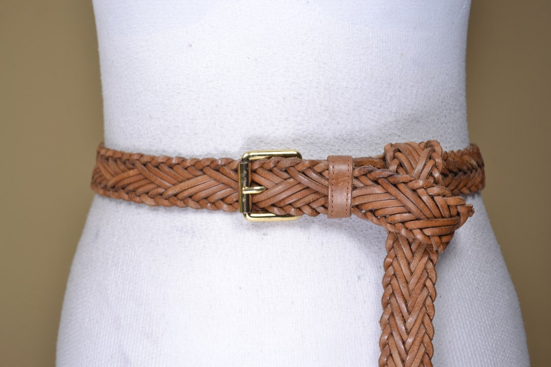Long Tan Brown Braided Leather Belt for Women With Gold  display picture 1