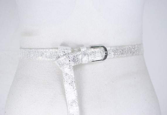 80s 34''  White Silver Skinny metallic belt for w… - image 1