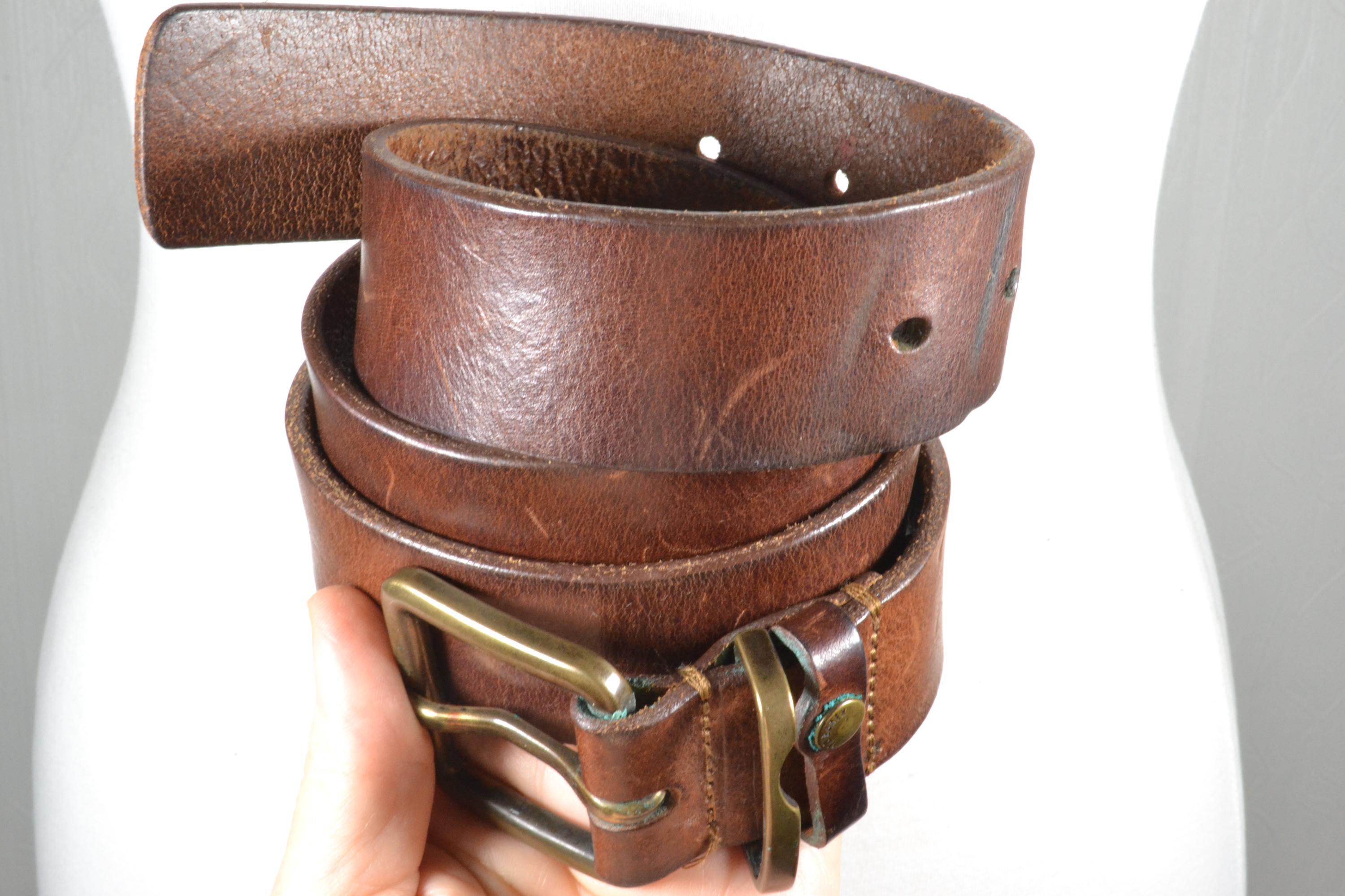 Vintage A. V. Max NYC brown leather belt unique brass and stone buckle size M A.V MAX NYC HORSESHOE BRASS STONE BUCKLE BROWN LEATHER BELT  main image 2
