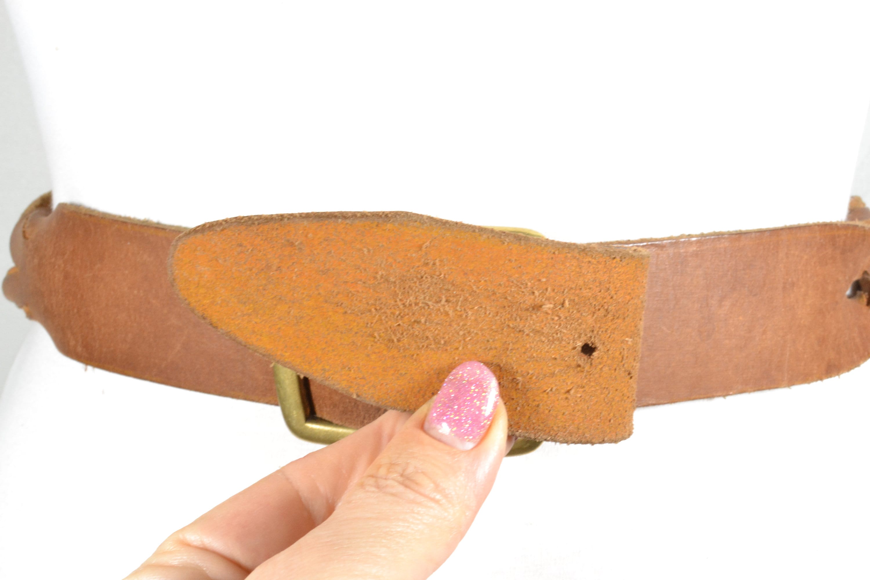 Vintage Tan Brown Leather Belt: Double Prong Buckle  display picture 1