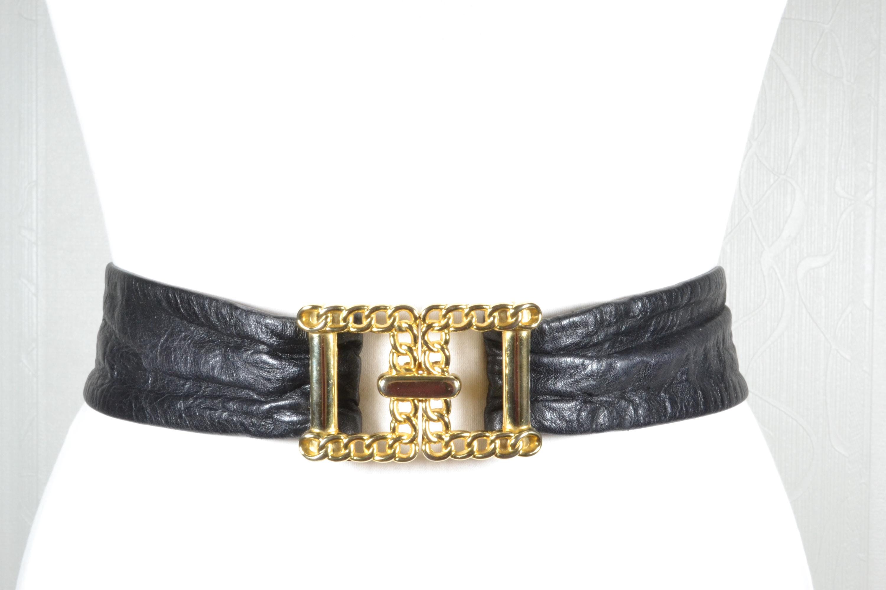 Vintage Gold Chain Accent Belt Statement Buckle Tan Leather Vintage Black Leather Belt With Gold Chain Link - Elegant  main image 3