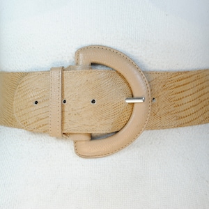 Wide Beige Waist Belt for Women with Large Round Buckle, Neutral Statement Fashion Belt, Chunky Boho Textured Belt