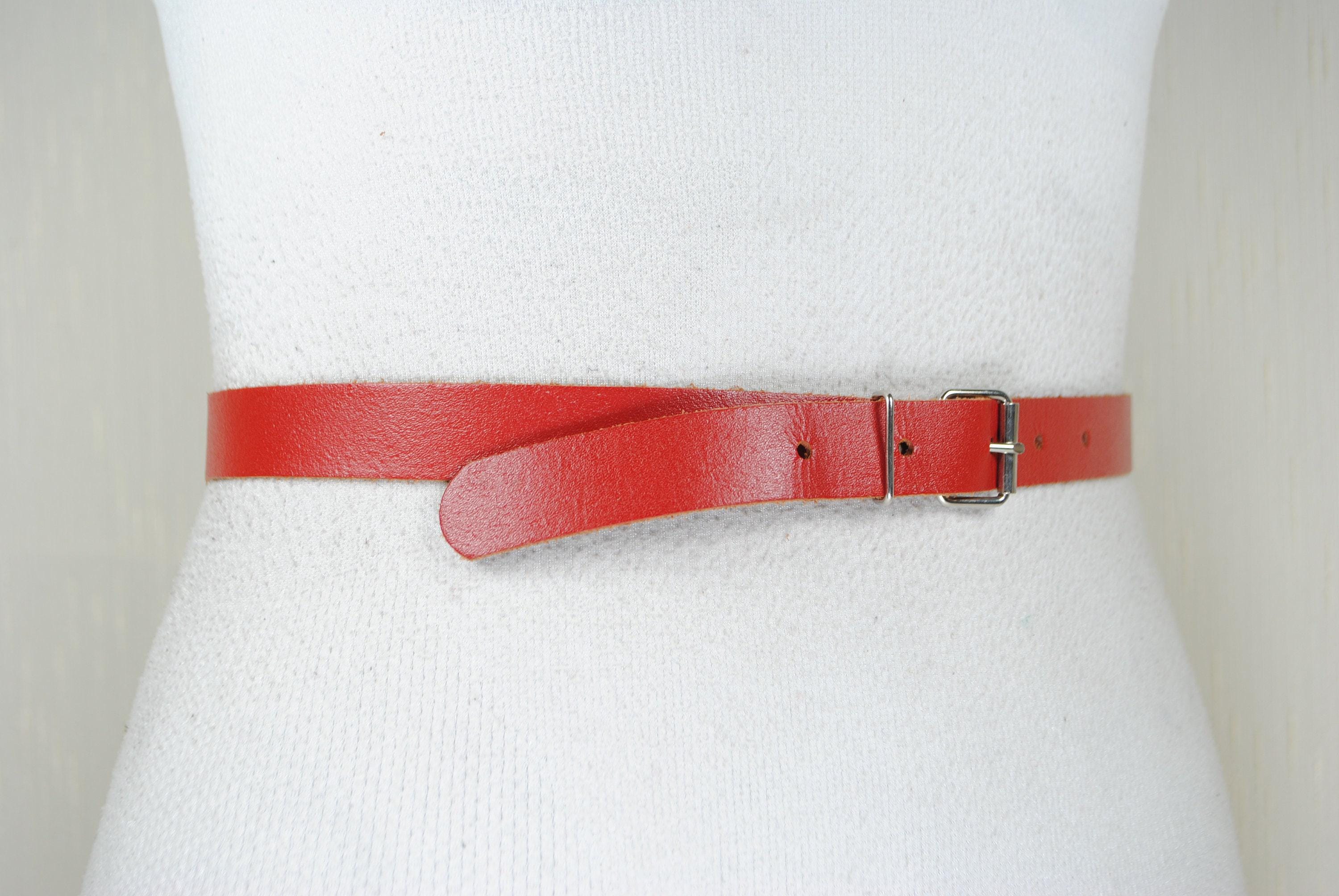 Vintage Skinny Red Leather Belt: Silver Buckle, Minimalist  display picture 2