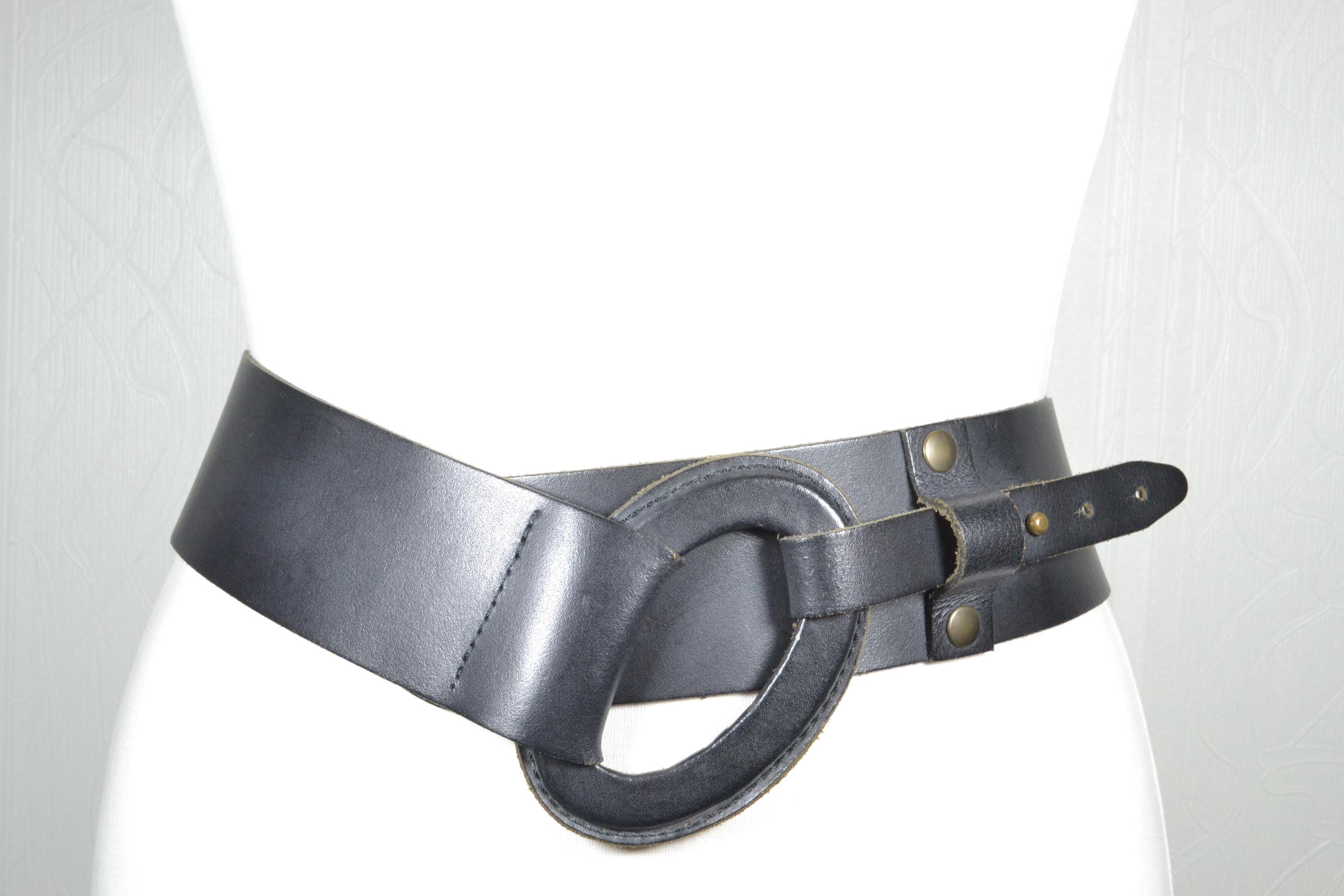 Vintage Heavy Asymmetrical Wide Black High Low Waist Leather 