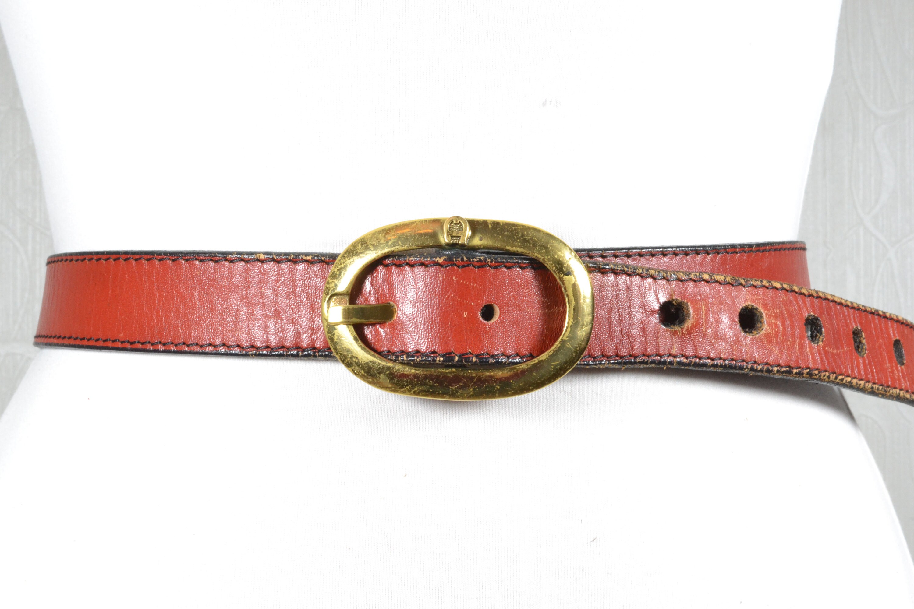 Vintage Etienne Aigner Oxblood Burgundy Leather Woven Stretch Brass Buckle Belt 5D_40334Oxblood_and_Antique_Co  main image 3