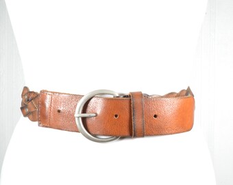 Vintage Brown Braided Leather Belt: Boho Riveted Waist Belt