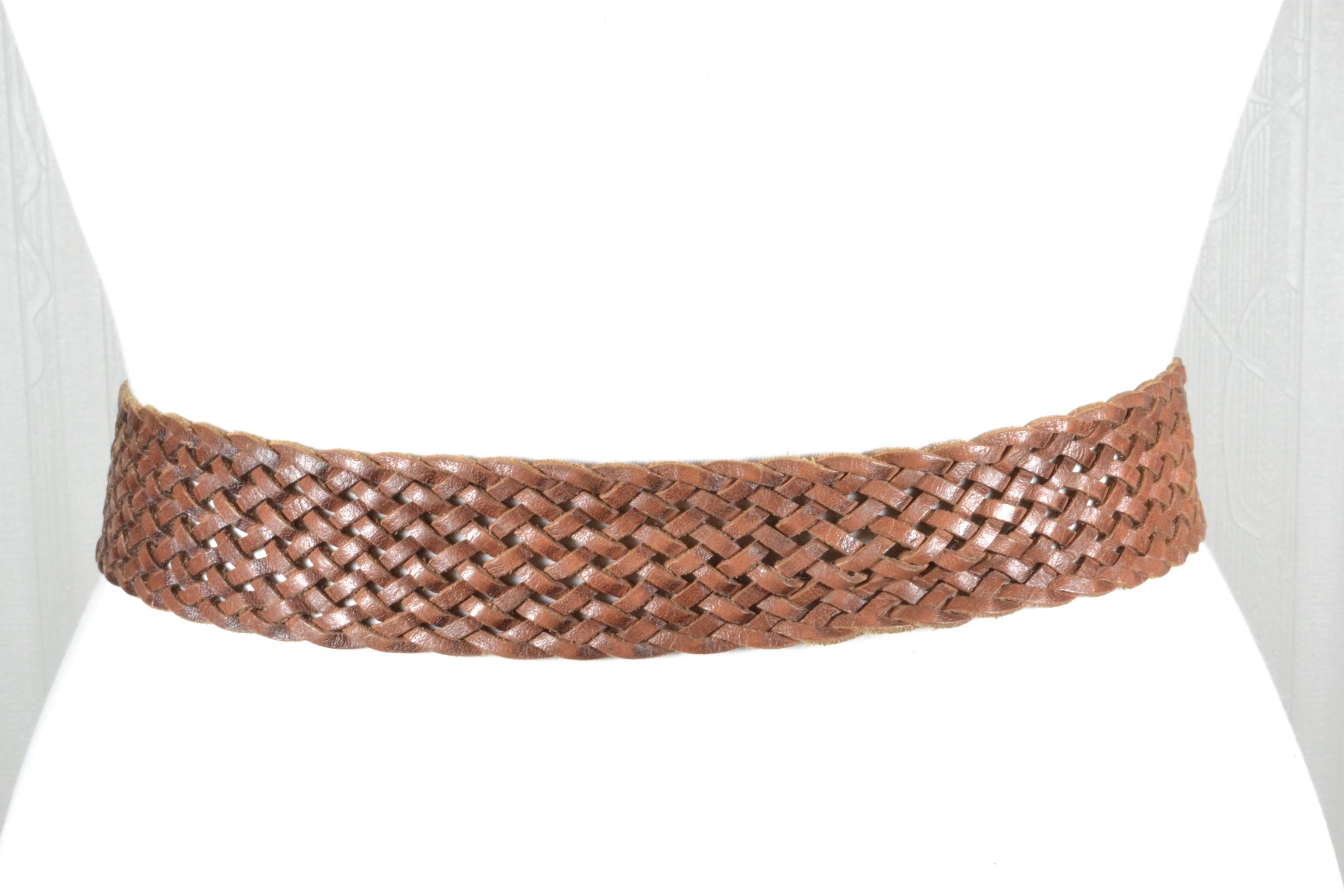 Wide Chocolate Brown Braided Belt Brass Buckle Adjustable Ring Leather Vintage 28”-34” Chocolate Brown Woven Braided Leather Belt With  main image 2