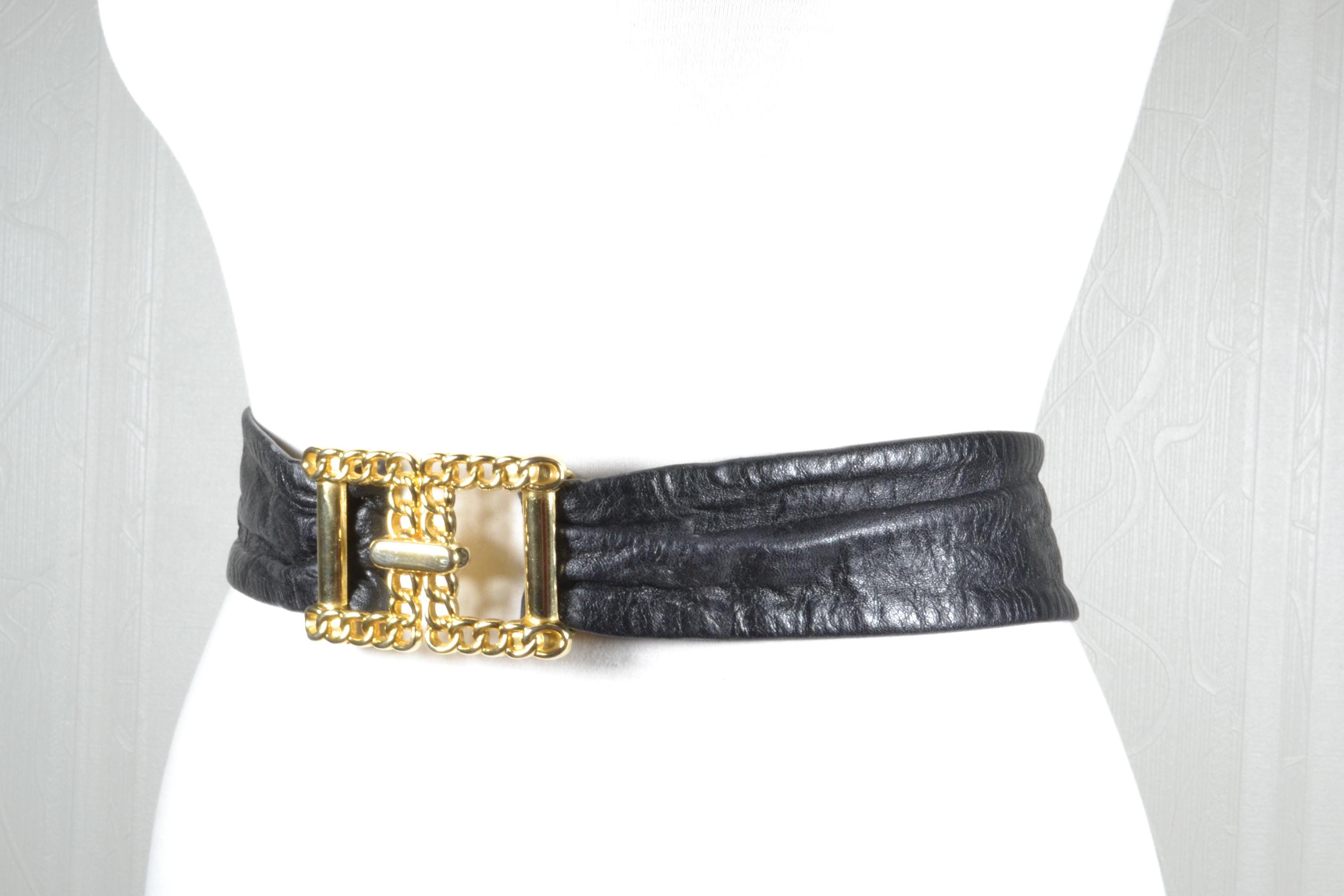 Vintage Black Full Grain Belt With Gold Chunky Textured Buckle Wide Belts for Women Fashion Elastic Belt for Dresses  main image 3