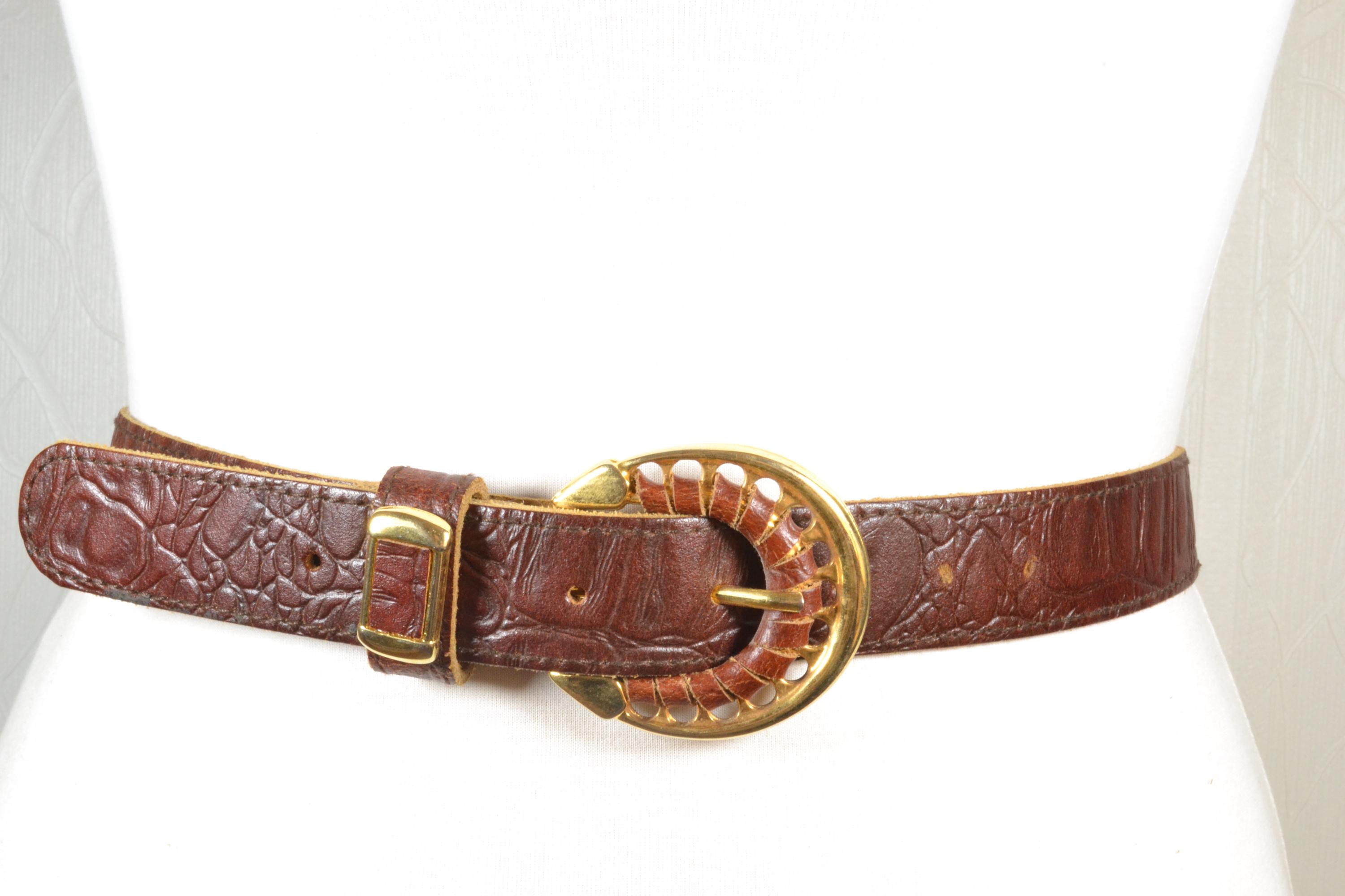 Brown Embossed Leather Belt for Women, Croc Pattern Belt  display picture 2