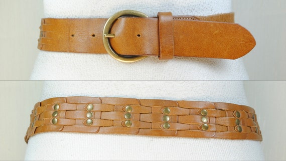 Braided Leather Belt: Skinny Tan Brown With Brass Buckle - Etsy