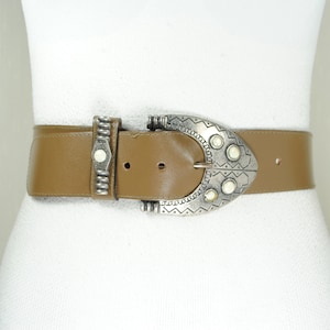 Taupe Leather Belt for Women with Ornate Silver Buckle and Stone Inlay, Elegant Western Style Waist Belt, Boho Bohemian Belt