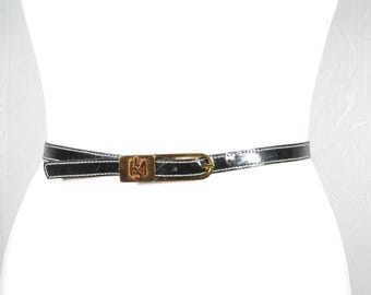 Vintage Black Patent Leather Skinny Belt with Gold-Tone Buckle Vintage Black Patent Leather Skinny Belt With Gold-tone  main image 3