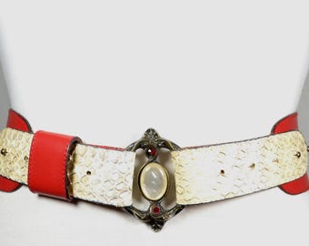 Vintage Red & Cream Snakeskin Waist Belt, Ornate Art Deco Gem Buckle