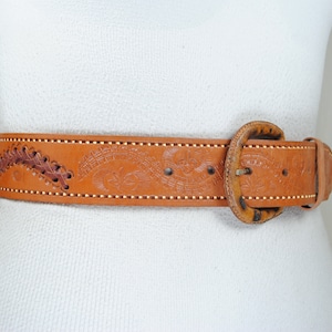 Authentic Cowgirl Leather Belt, Tan Tooled & Embossed Western Belt, Handcrafted Vintage Rodeo Belt for Women, Adjustable Ranch Waist Cincher