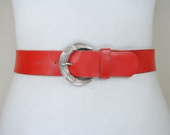 Red Leather Belt: Carved Silver Buckle, Women's Fashion