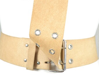 Vintage Leather V Shaped Waist Belt Tan Neutral Back Buckle Medium Large Asymmetrical Wide Leather Belt, V-shaped Brown Leather Belt  main image 4