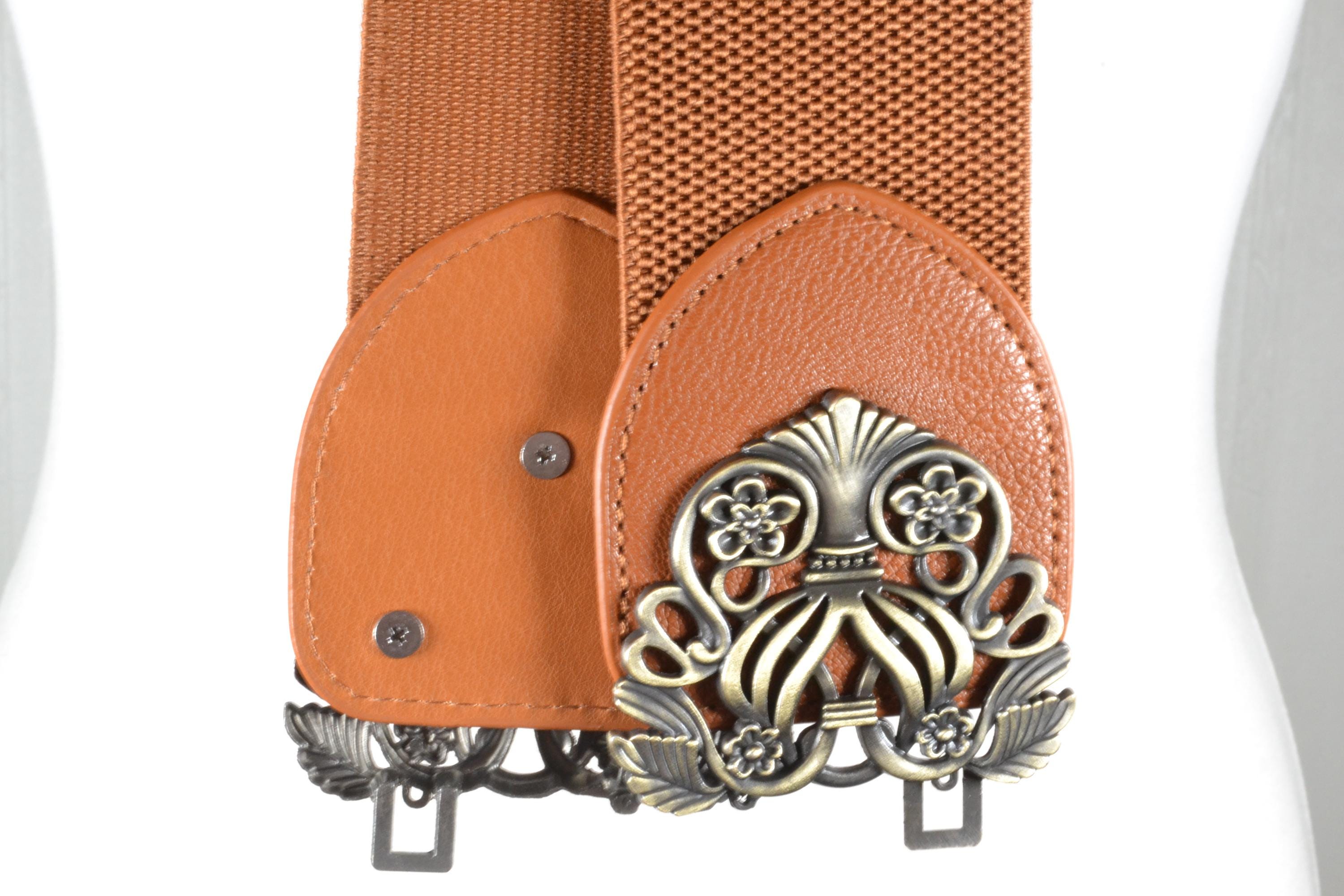 Vintage Tan Stretch Belt: Ornate Silver Buckle, Boho Waist 