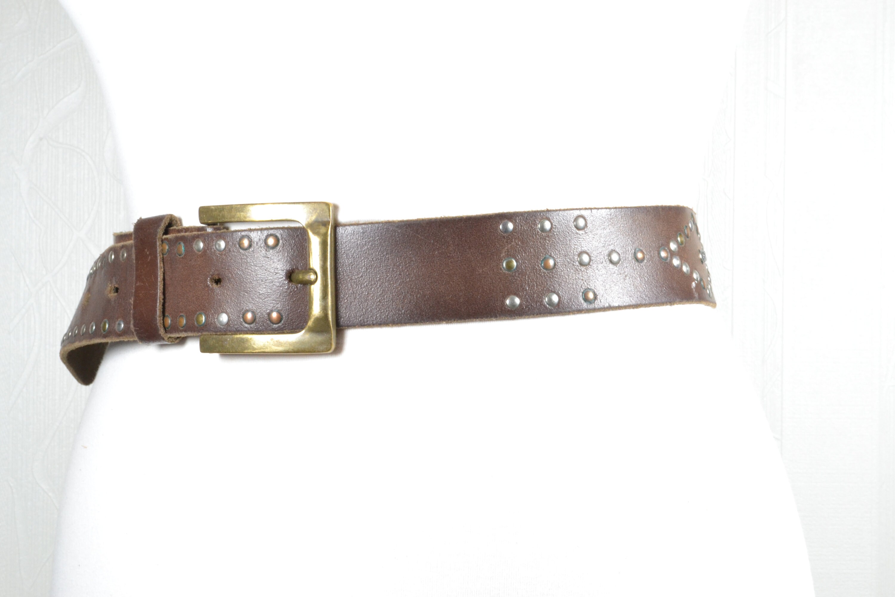 Vintage Brown Studded Leather Belt With Antique Brass Buckle 