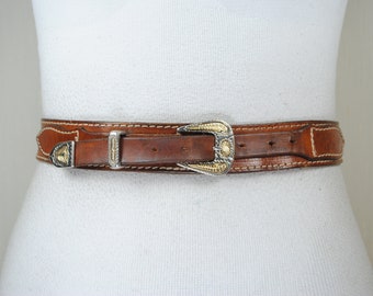 Distressed cowgirl belt, patinated leather belt, Cognac Leather Belt, Brown Tan Stitched Leather Belt for Men Women, Western Skinny belt