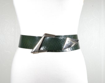 Wide Dark Green leather belt with sharp steel buckle Stylish Snakeskin Design